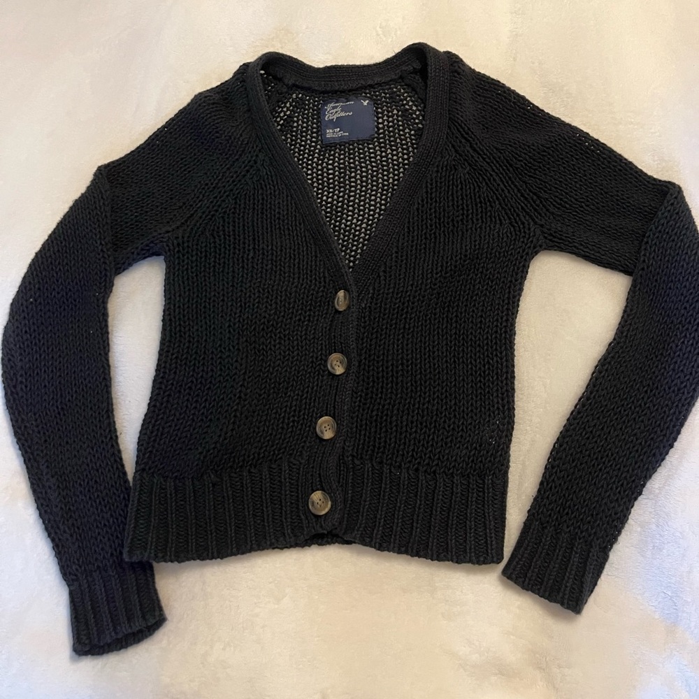 American Eagle button front XS navy blue cardigan with tan buttons